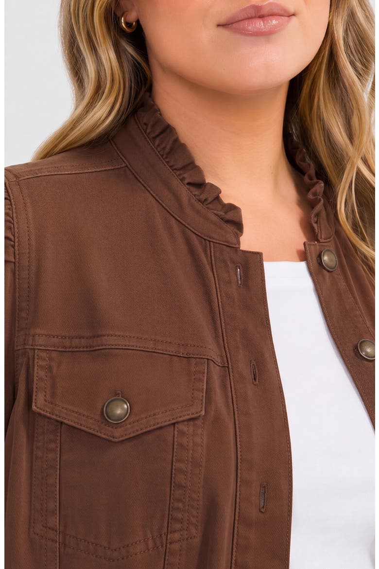 Ruffle Neck Puff Sleeve Trucker Jacket, Alternate, color, CAROB BROWN