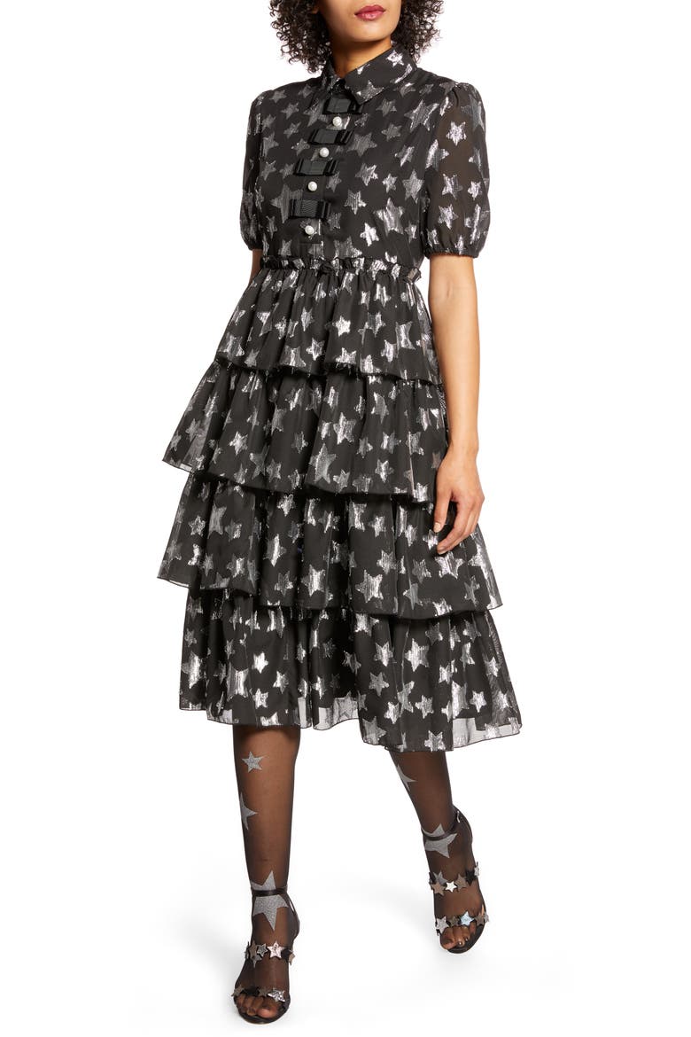 x Atlantic-Pacific Metallic Star Chiffon Dress (Nordstrom Exclusive), Main, color, BLACK- SILVER STARLIGHT PTN