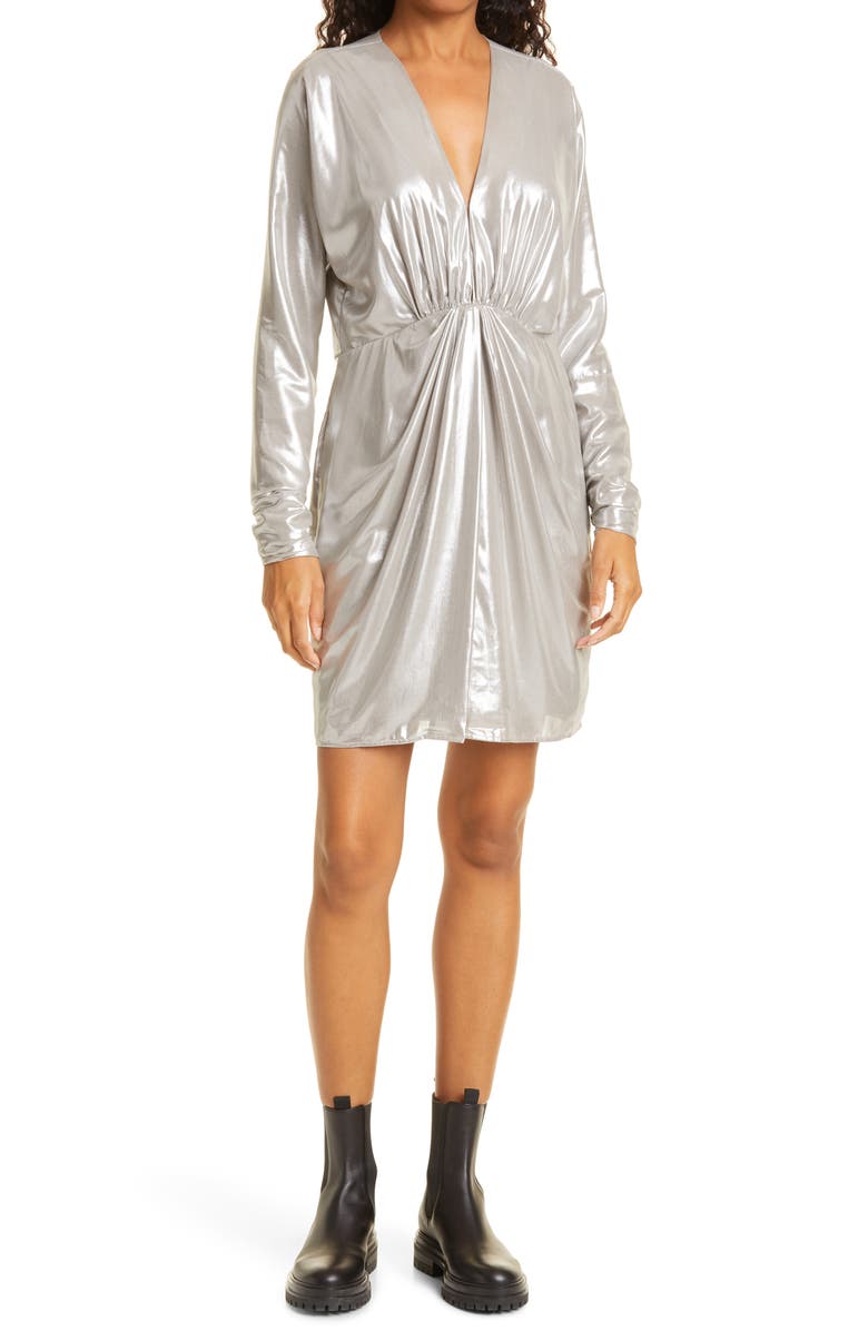 rag & bone Eloise Metallic Long Sleeve Minidress, Main, color, Silver