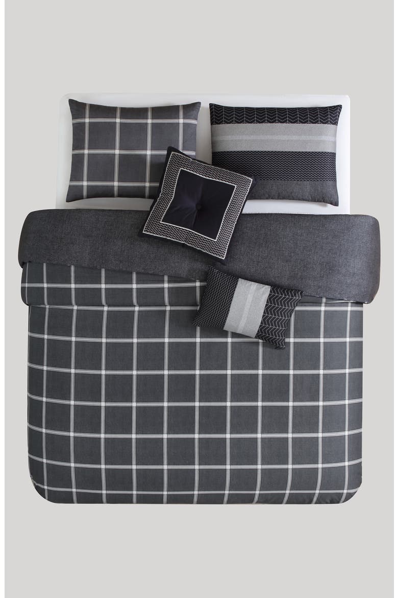 Kyle Grid Print 5-Piece Reversible Comforter Set, Alternate, color, BLACK
