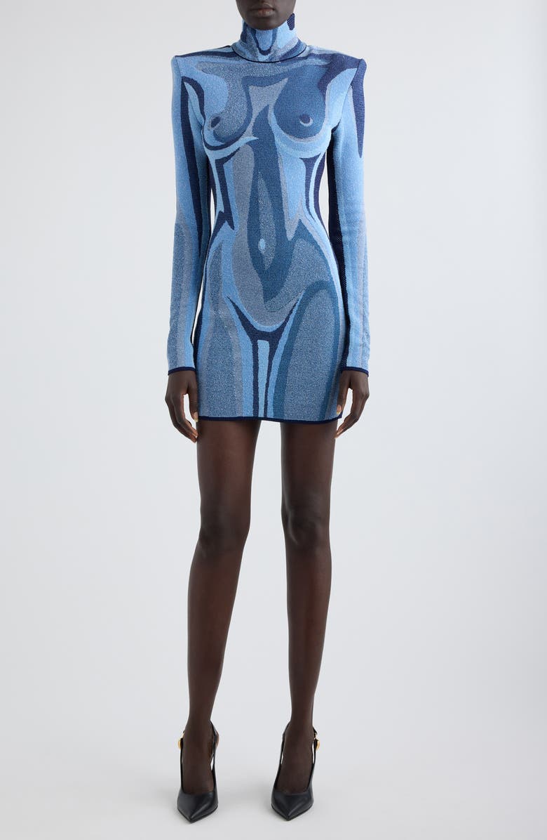 Balmain Trompe l'Oeil Jacquard Long Sleeve Knit Body-Con Dress, Main, color, 