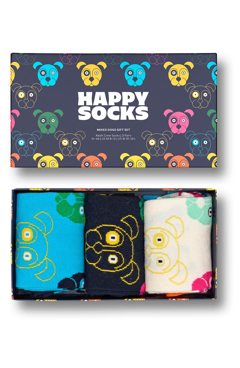 Happy Socks Mixed Dog 3-Pack Assorted Crew Socks Gift Set, Alternate, color, Navy