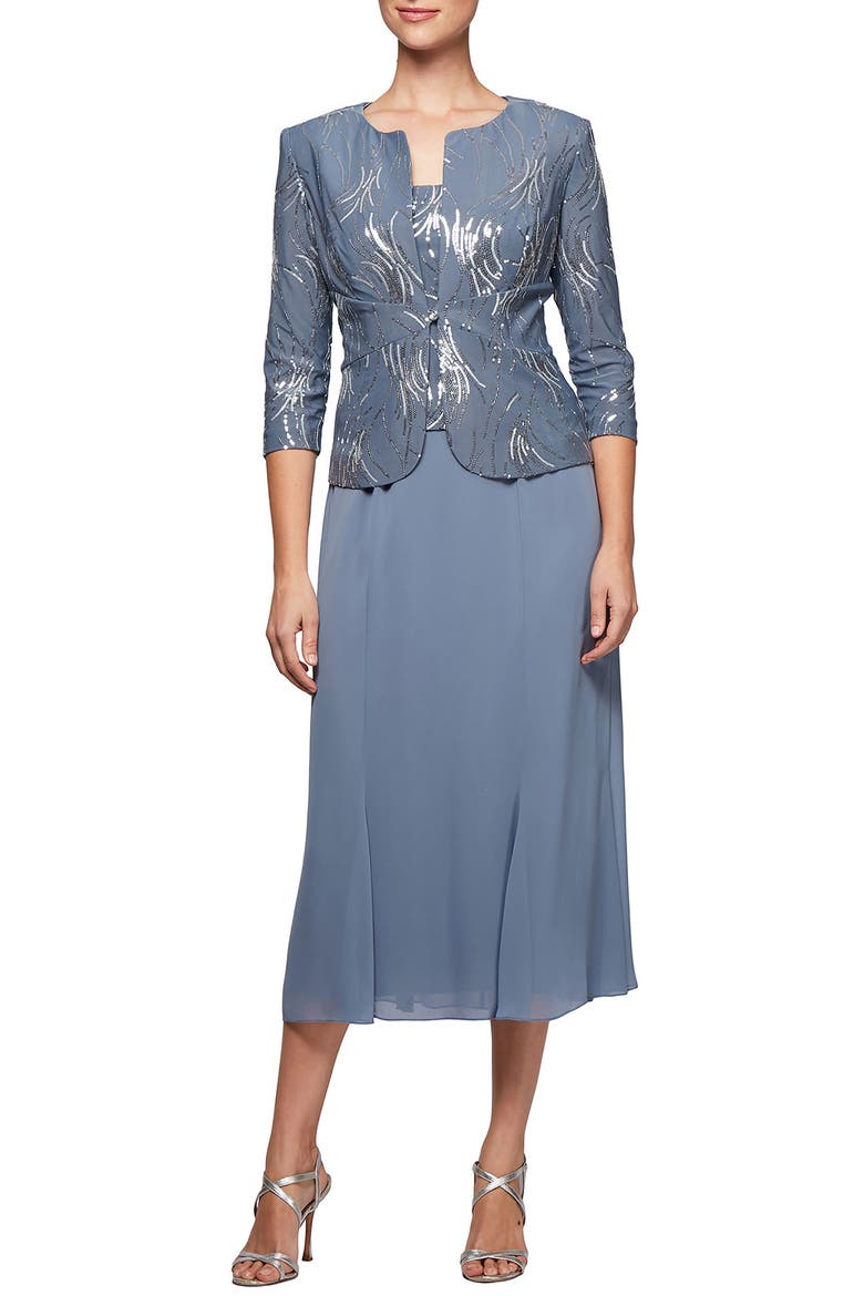 Midi Dress & Jacket, Main, color, STEEL BLUE
