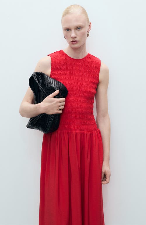 Shop Mango Maya Shirred Sleeveless Flare Midi Dress In Red