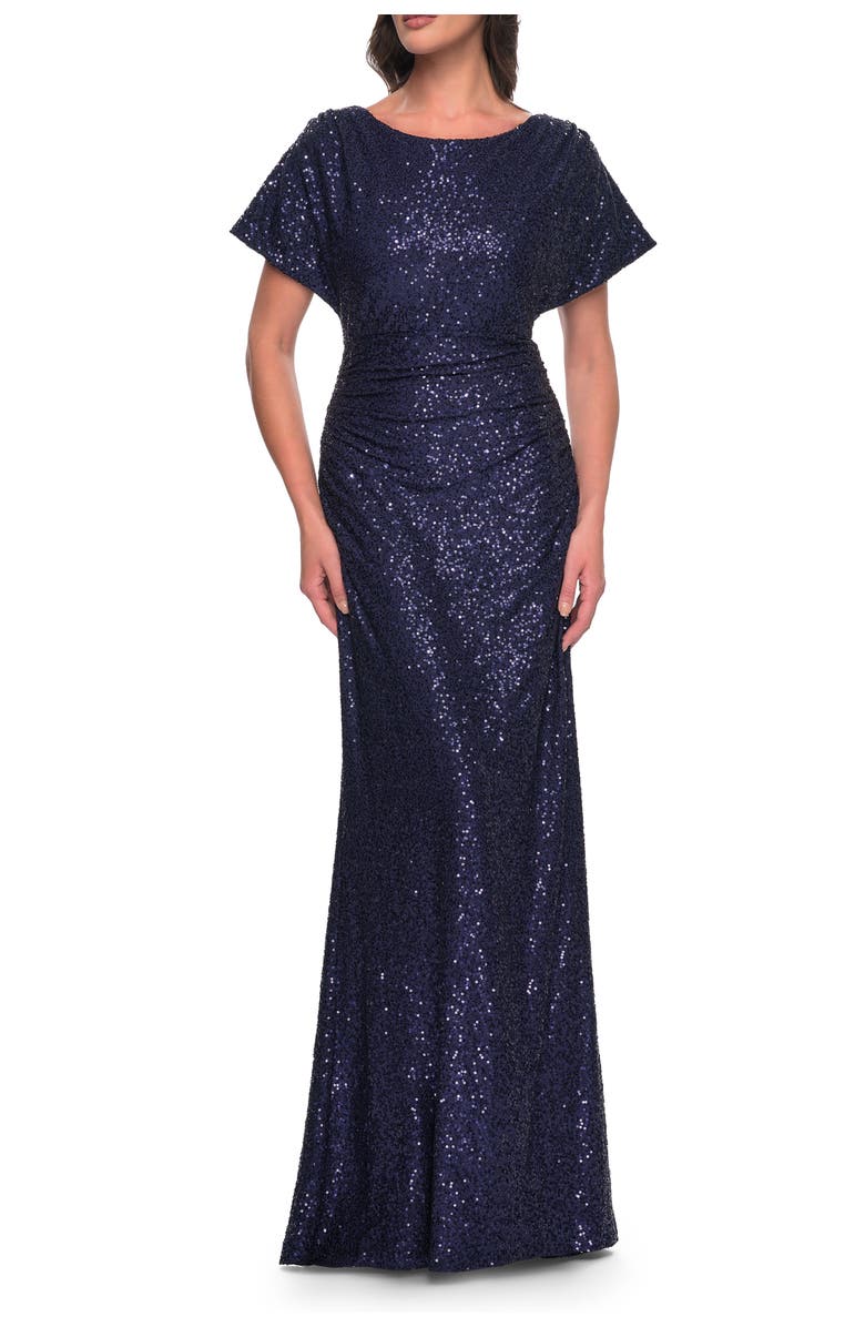 La Femme Sequin Stretch Evening Dress with High Neckline and Dolman Sleeves, Main, color, Navy