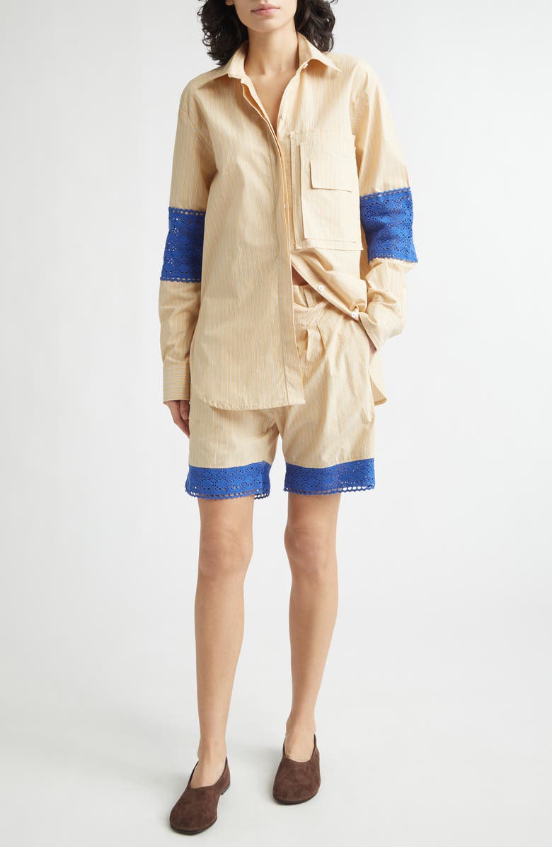 KÚR Stripe Organic Cotton Shorts with Crochet Panels, Alternate, color, Beige