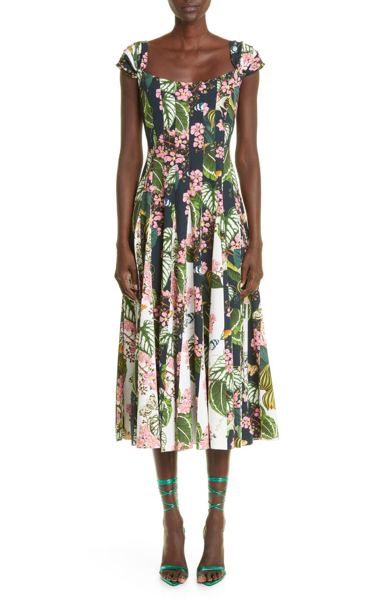 Oscar de la Renta Botanical Print Cap Sleeve Fit & Flare Dress, Main, color, 