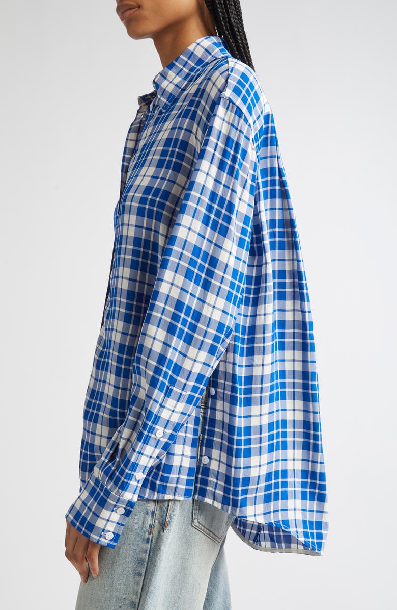 Proenza Schouler Bronwen Plaid Hammered Viscose Button-Up Shirt, Alternate, color, Cobalt Multi