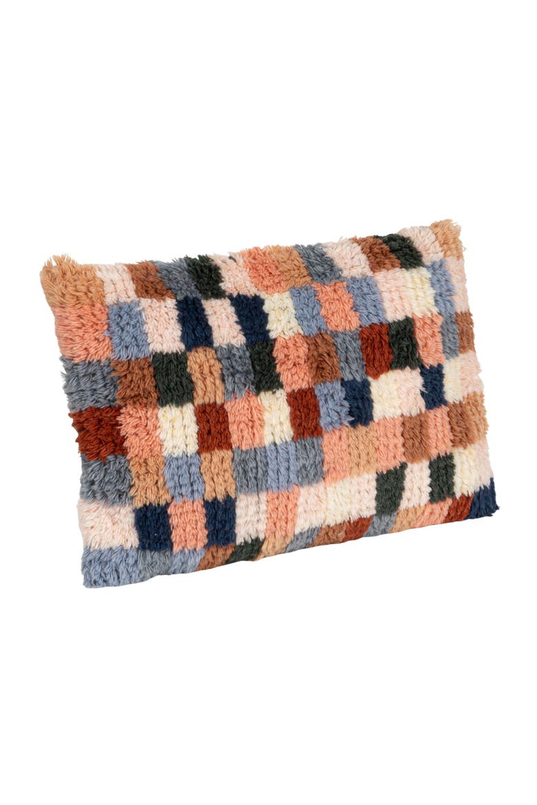 New Zealand Wool Tufted Checkered Lumbar Pillow with Cotton Back, Multicolor, Alternate, color, Multicolor