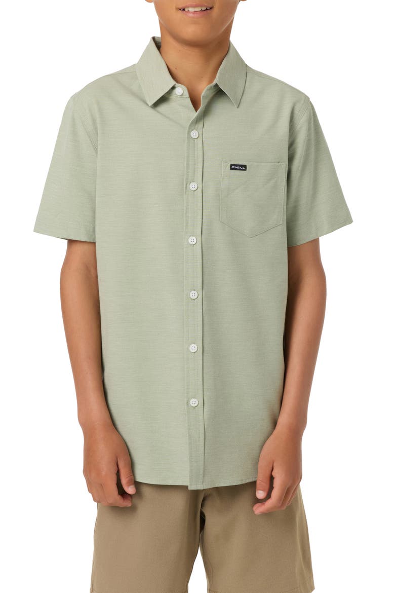 Kids' Solid Short Sleeve Stretch Twill Button-Up Shirt, Main, color, OIL GREEN