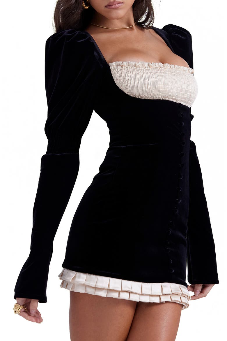Azaria Long Sleeve Colorblock Velvet Minidress, Alternate, color, BLACK