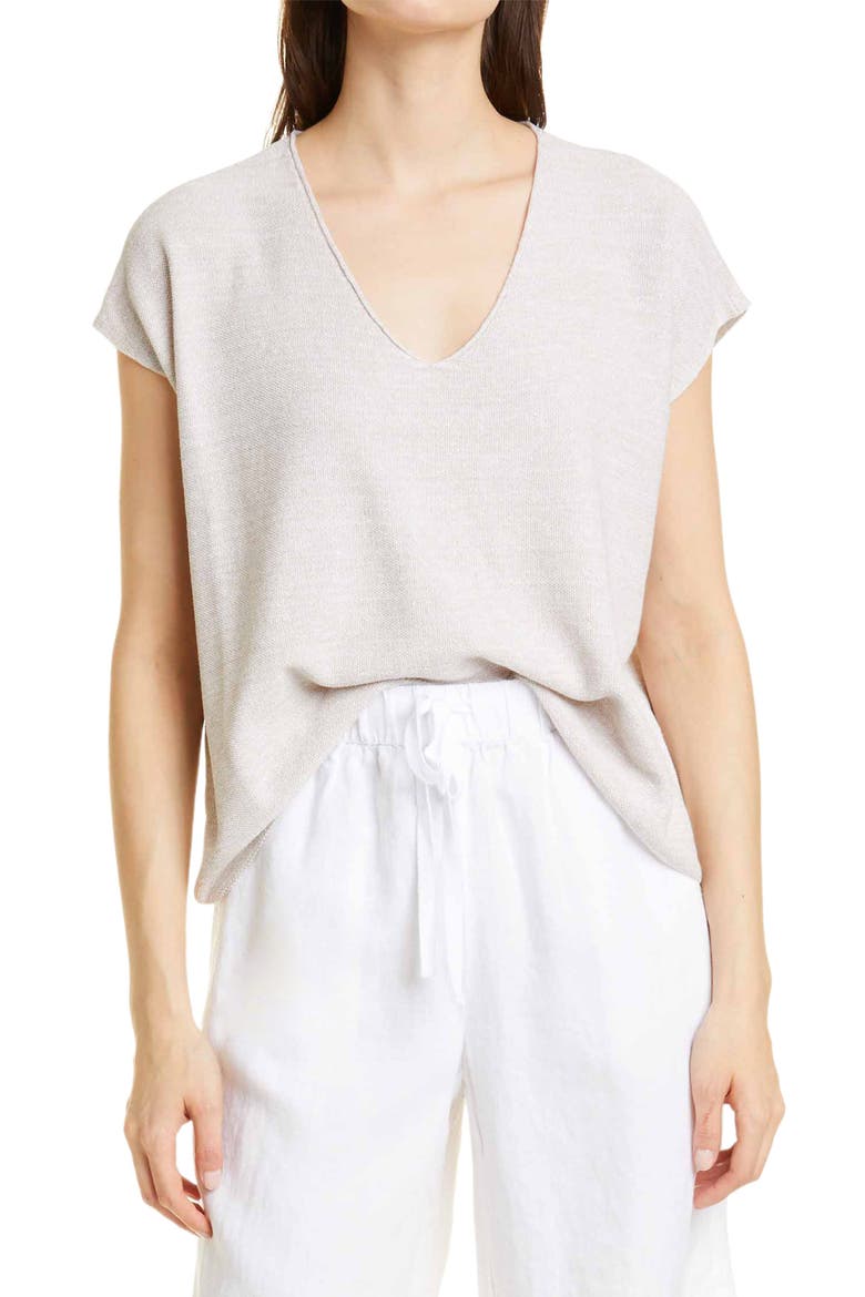 Boxy V-Neck Organic Cotton & Linen Knit Top, Main, color, NATURAL