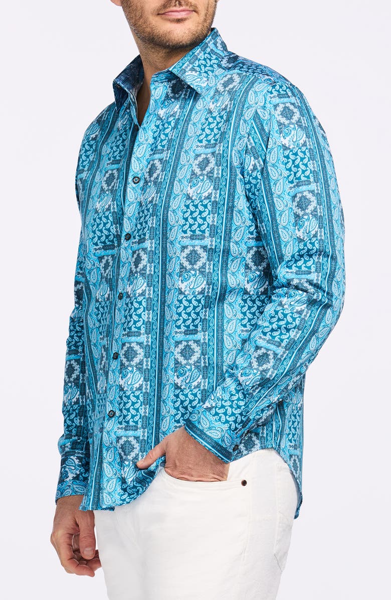 Robert Graham Paisley Print Cotton Button-Up Shirt, Alternate, color, Teal
