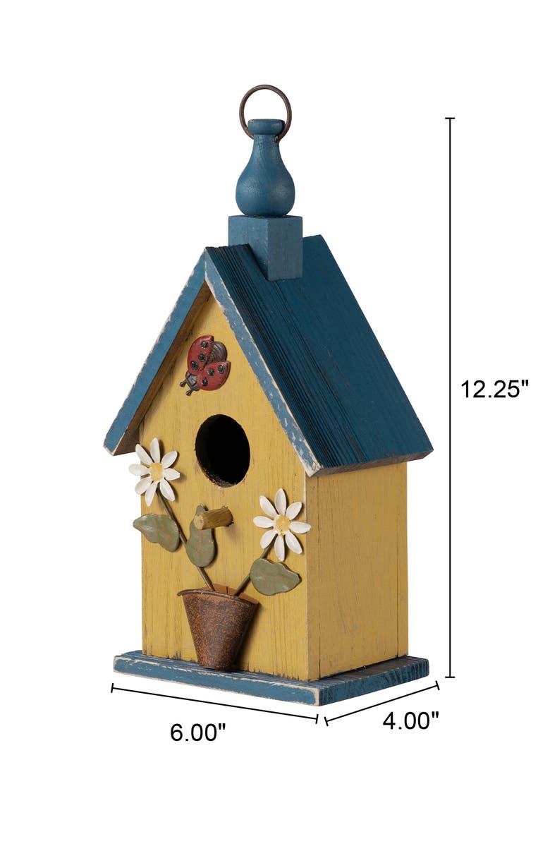 Glitzhome 12.25"H Distressed Solid Wood Cottage Garden Birdhouse with Bees and Flowers, Alternate, color, Yellow