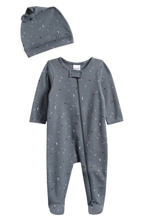 Mon Tresor Knit & Print Footie & Beanie Set - Blue Mon Tresor Knit & Print Footie & Beanie Set - Blue