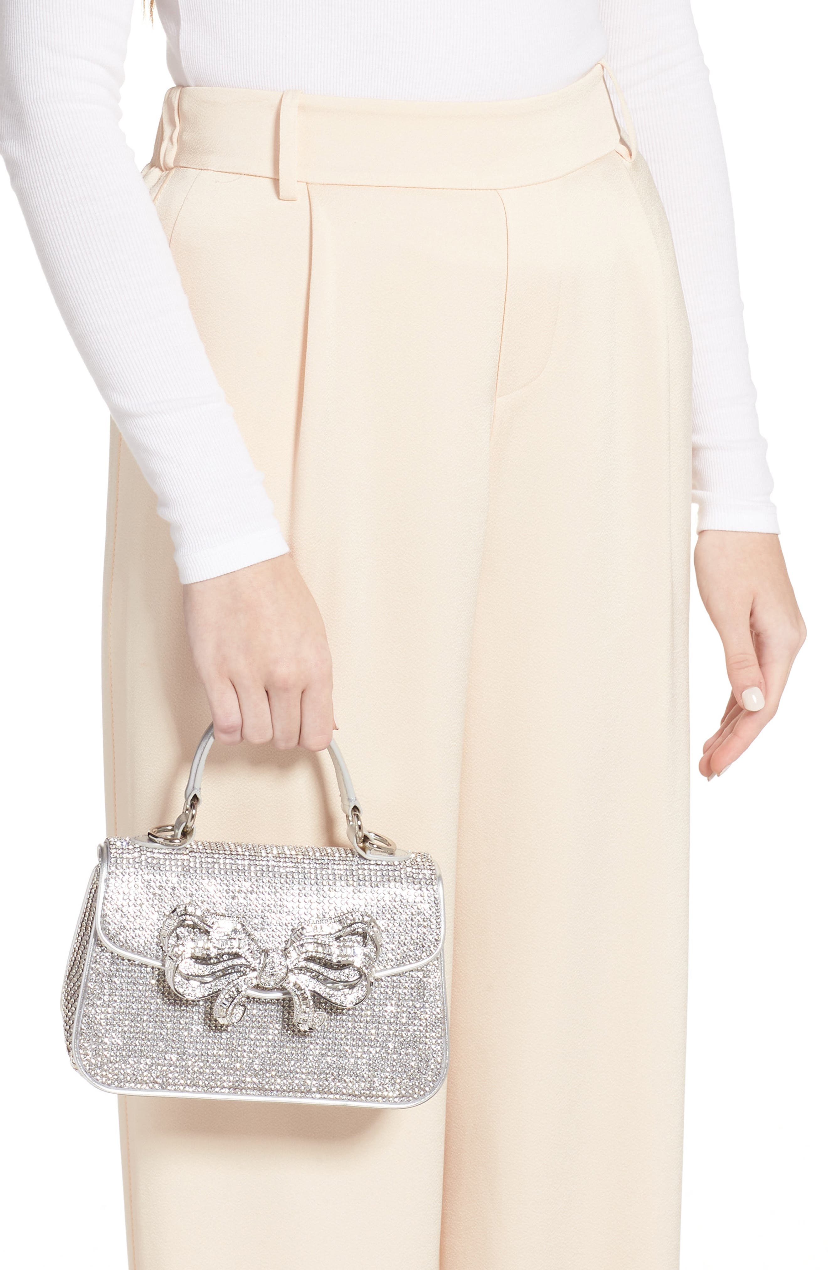 Crystal Bow Top Handle Bag, Alternate, color, SILVER RHINE