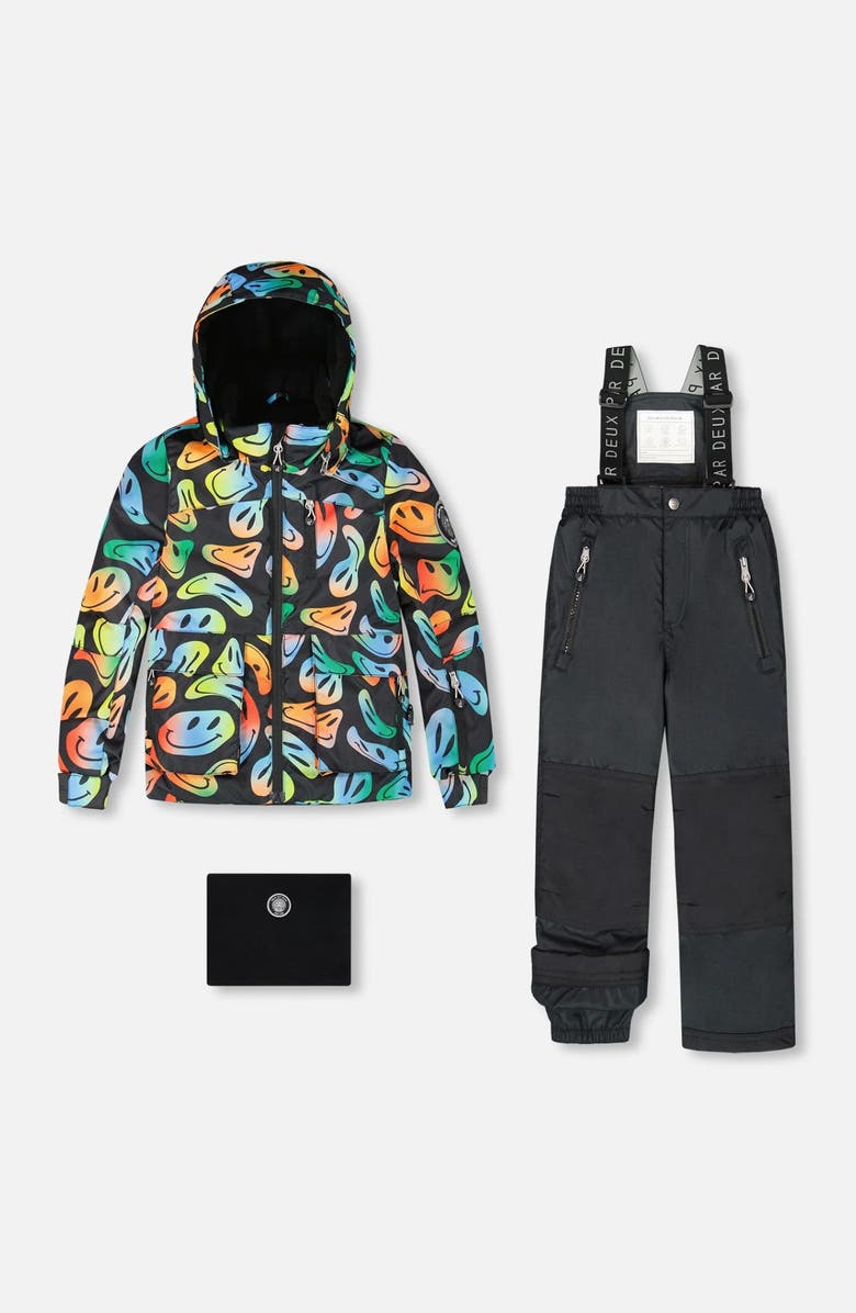 Deux par Deux Two-Piece Play Snowsuit with Allover Jacket Smiley Face, Main, color, Black