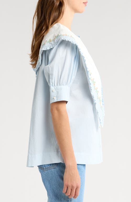 Damson Madder Summer Sandy Embroidered Collar Organic Cotton Short Sleeve Button-up Sshirt In Blue/white
