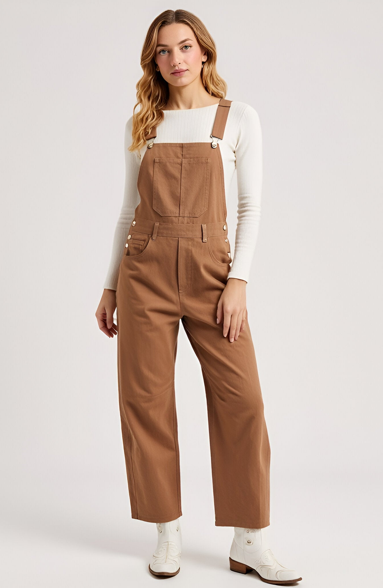 Modenaire Wide-Leg Adjustable-Strap Front Bib Pocket Overalls, Main, color, Brown