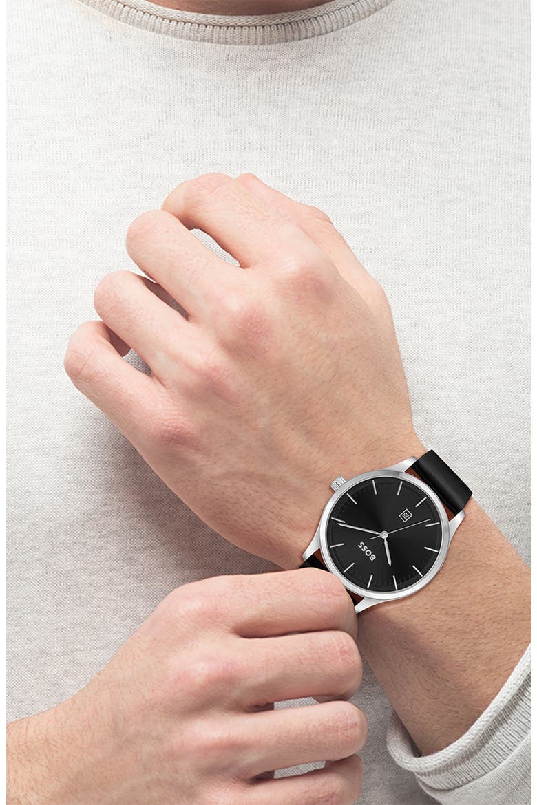 Reason Quartz Leather Strap Watch, 43mm, Alternate, color, BLACK DIAL