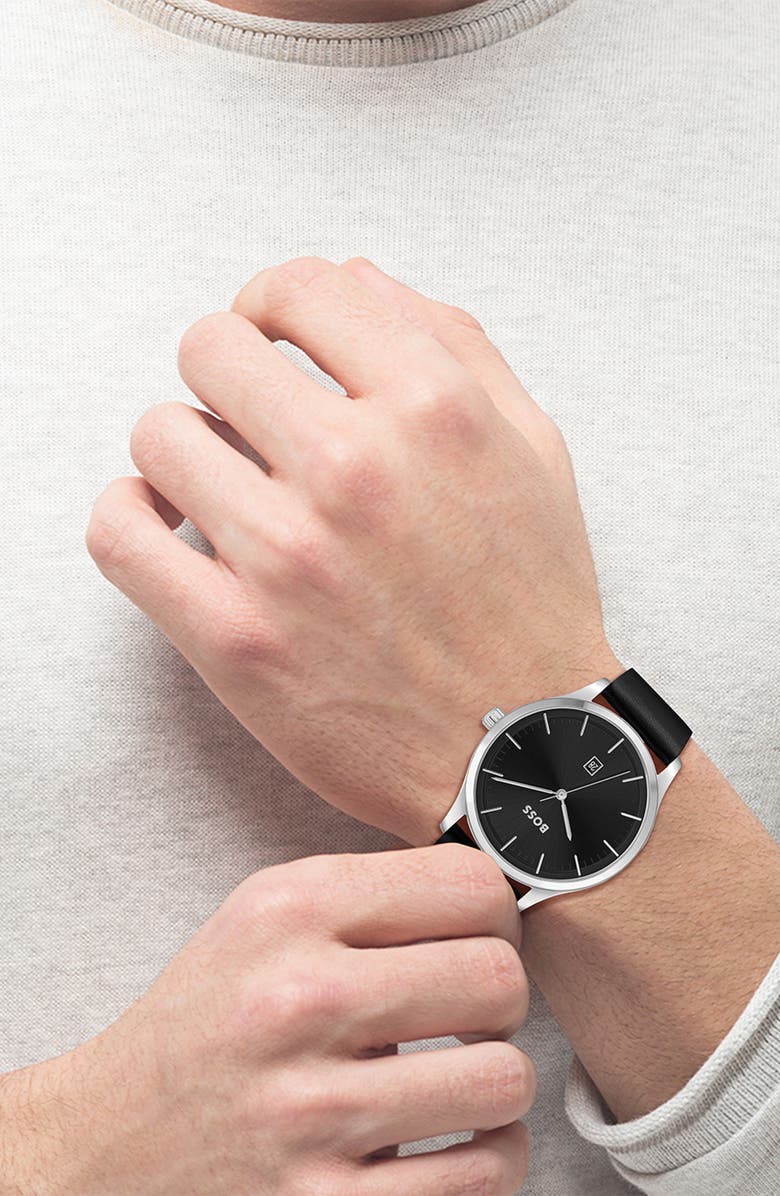 BOSS Reason Quartz Leather Strap Watch, 43mm, Alternate, color, Black