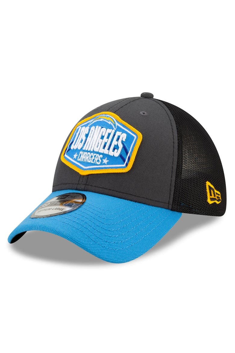 Men's New Era Graphite/Powder Blue Los Angeles Chargers 2021 NFL Draft Trucker 39THIRTY Flex Hat, Main, color, Graphite
