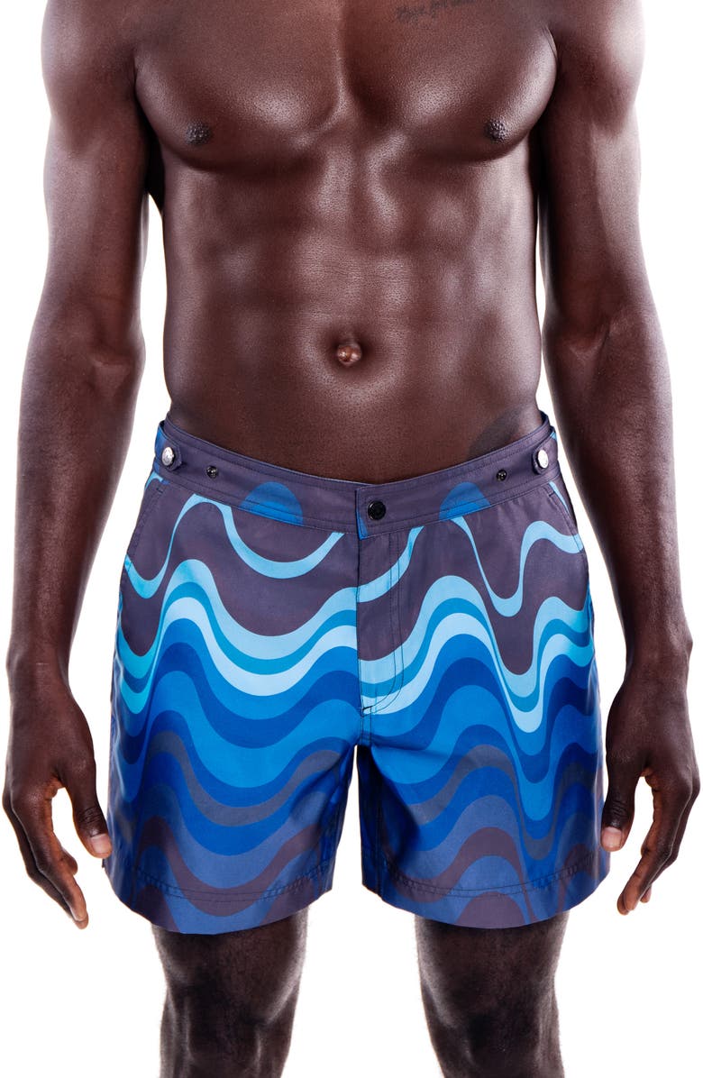 PRINCE & BOND Elvio Tailored Wave Print Hybrid Swim Trunks, Main, color, 