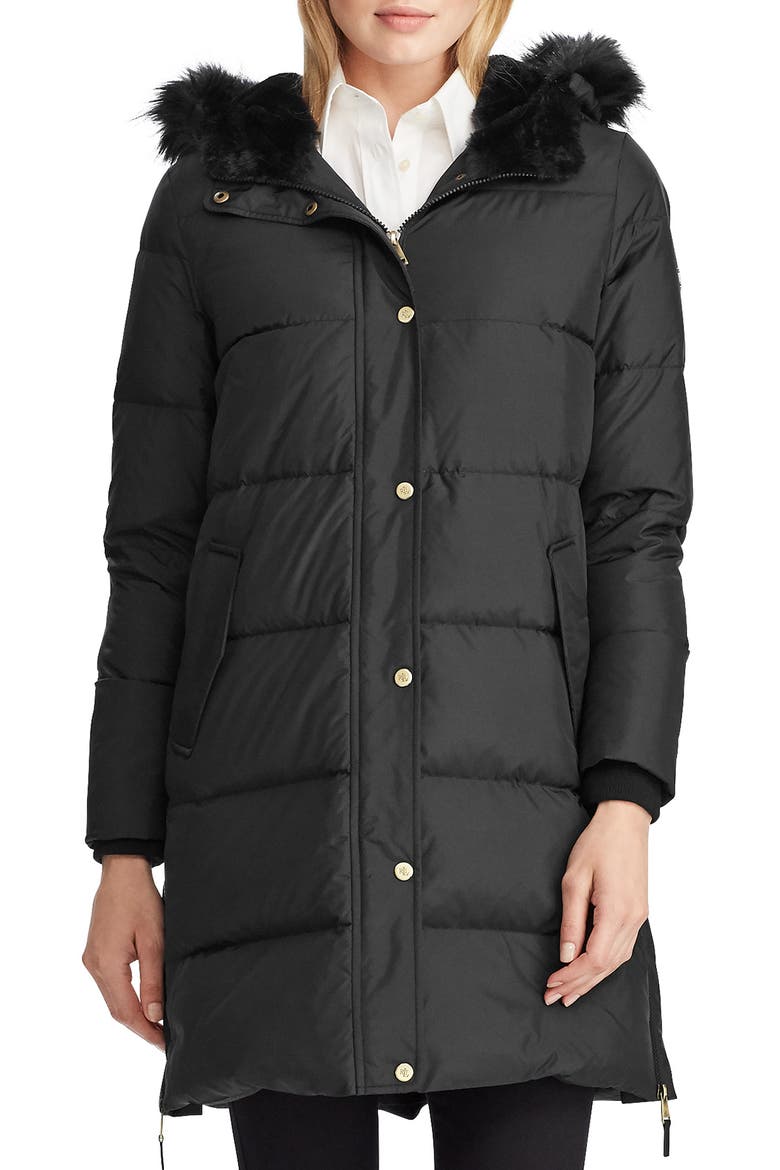 Faux Fur Trim Quilted Hooded Down & Feather Parka, Main, color, BLACK