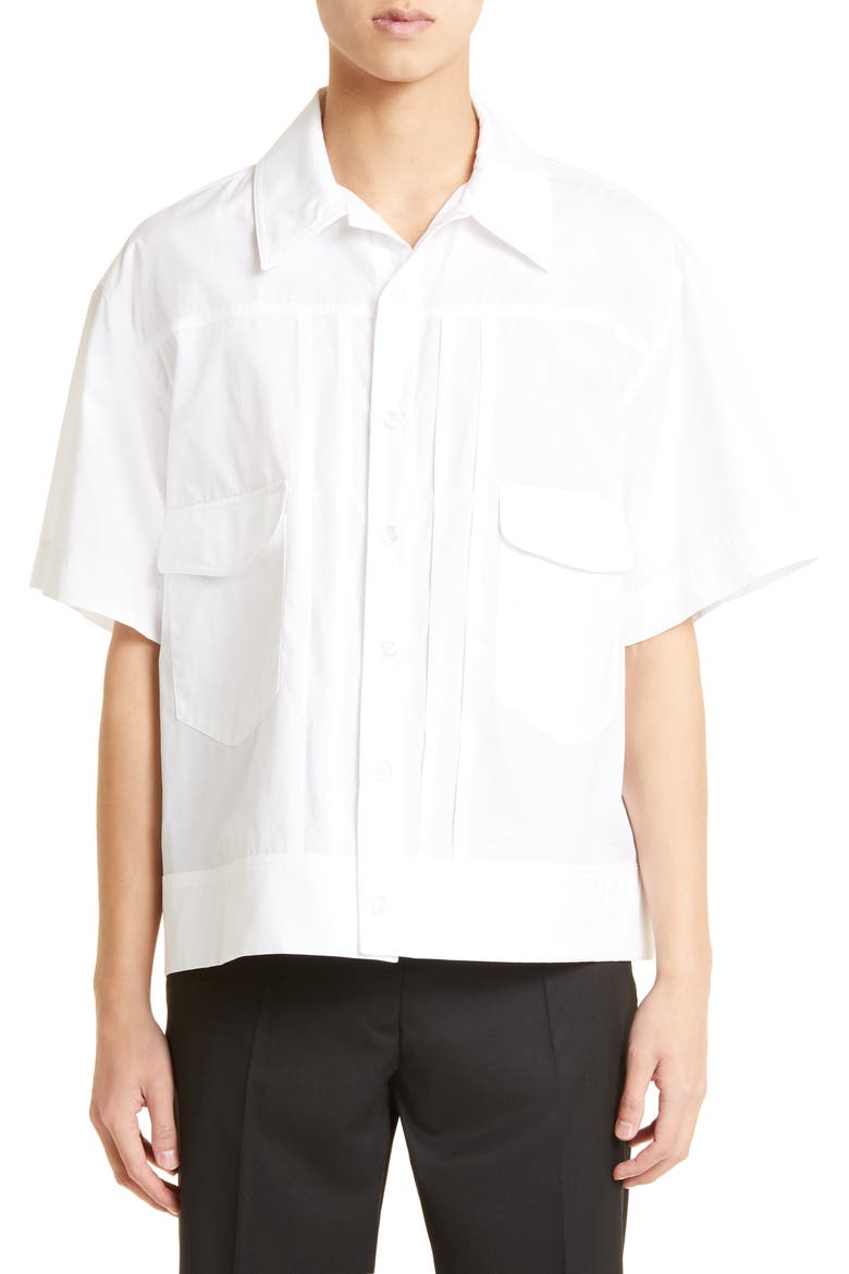 Pleated Short Sleeve Button-Up Shirt, Main, color, WHITE