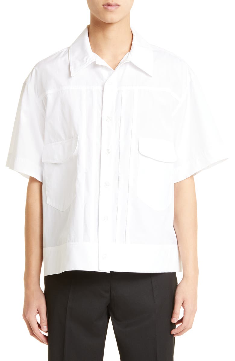 Simone Rocha Pleated Short Sleeve Button-Up Shirt, Main, color,