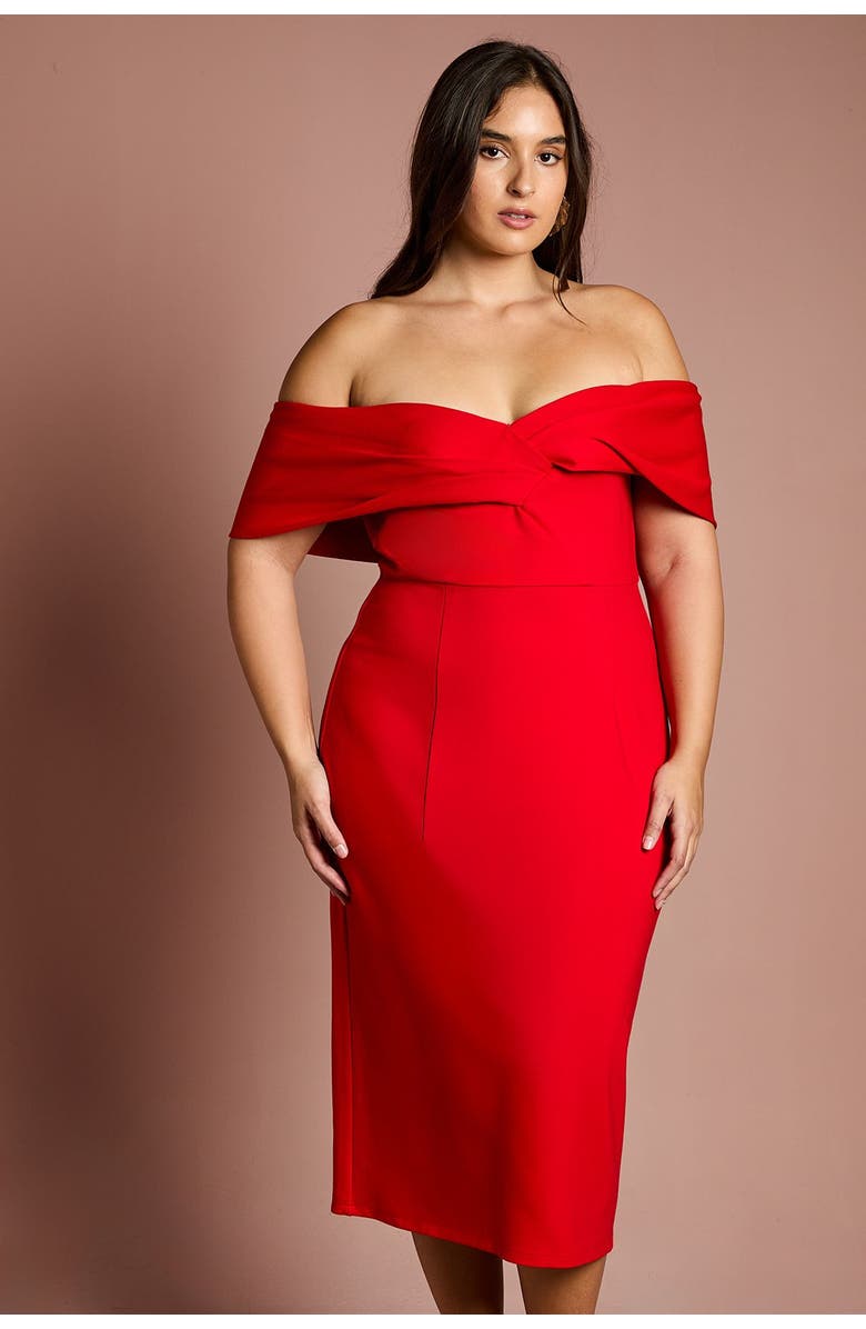 Coast Plus Bardot Ponte Midi Dress, Alternate, color, Red