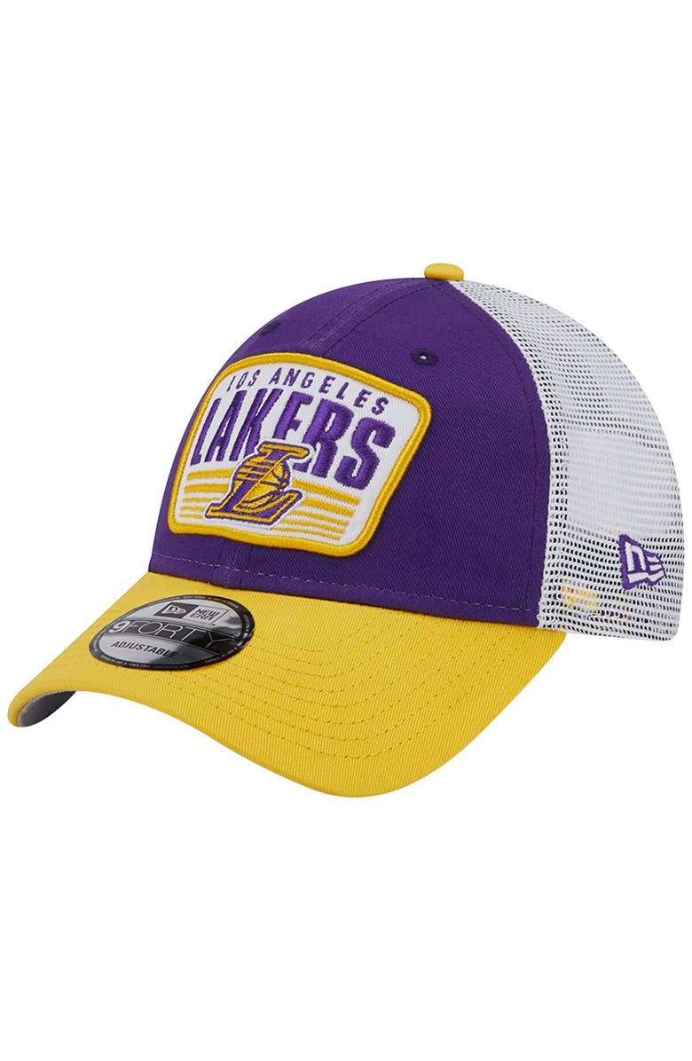 New Era Men's New Era Purple/Gold Los Angeles Lakers Two-Tone Patch 9FORTY Trucker Snapback Hat, Main, color, 