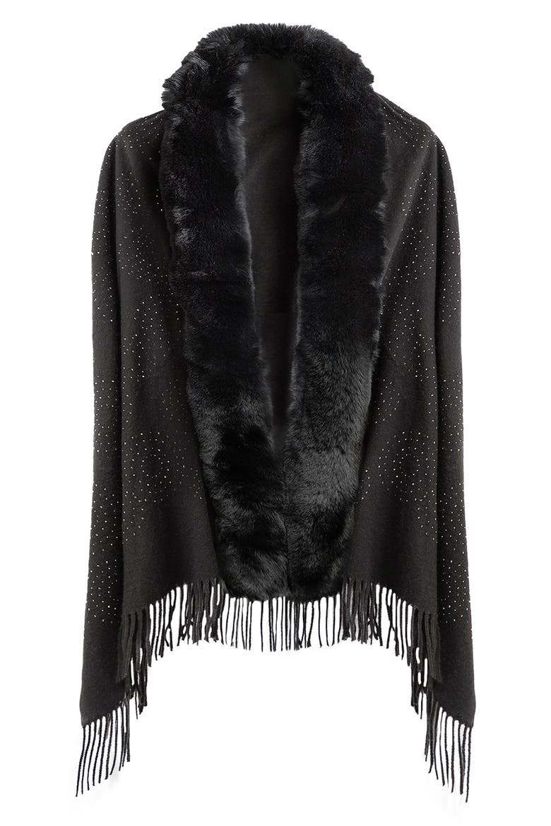 Rhinestone Ruana with Faux Fur Trim, Alternate, color, BLACK