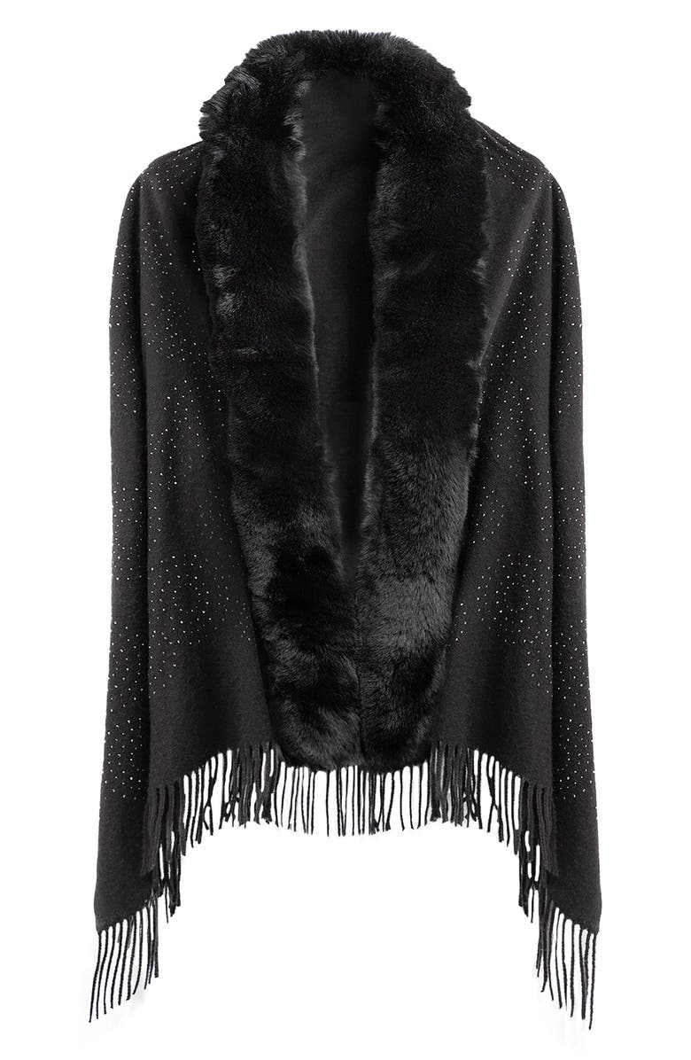SAACHI Rhinestone Ruana with Faux Fur Trim, Alternate, color, Black