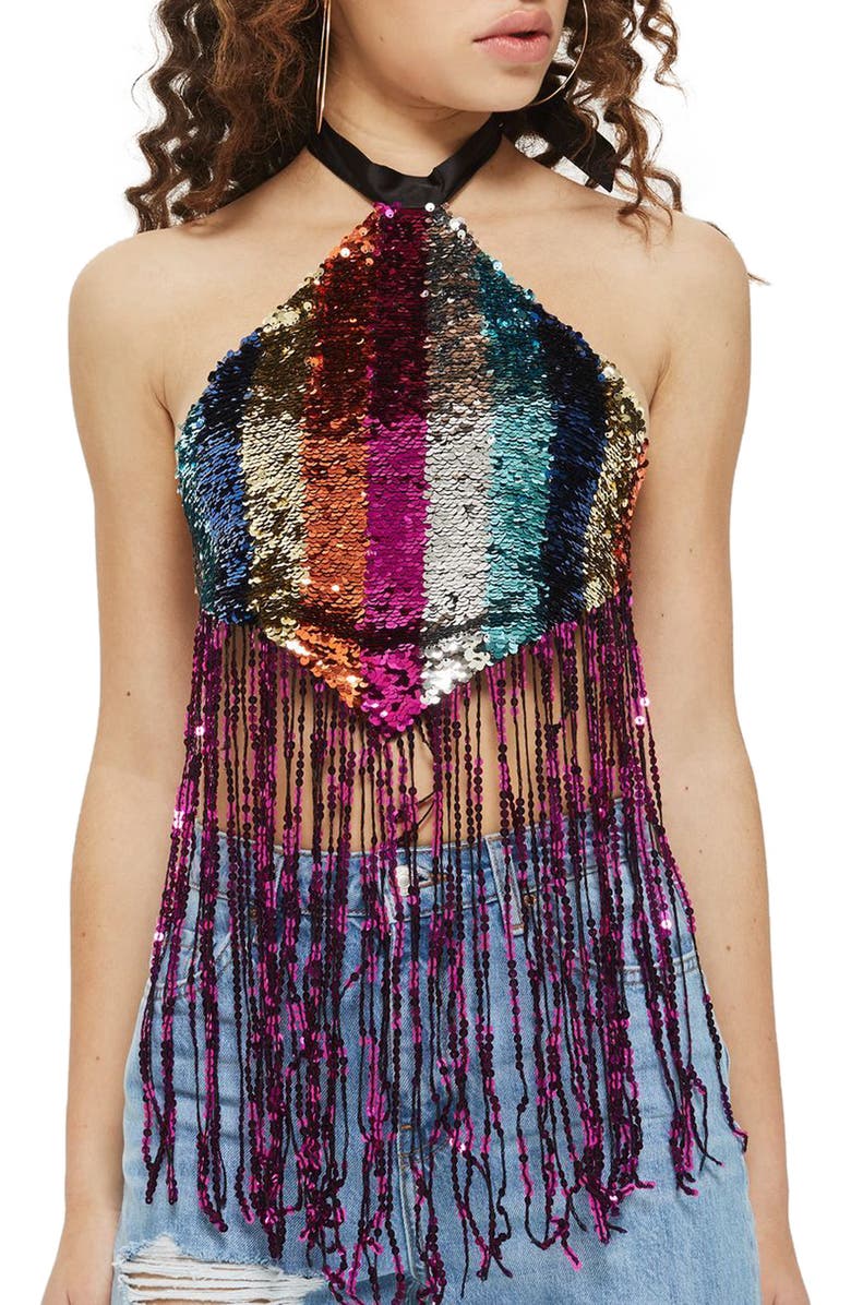 Topshop Rainbow Sequin Halter Top, Main, color, 