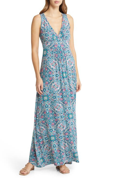 Floral Paisley Print Sleeveless Jersey Maxi Dress
