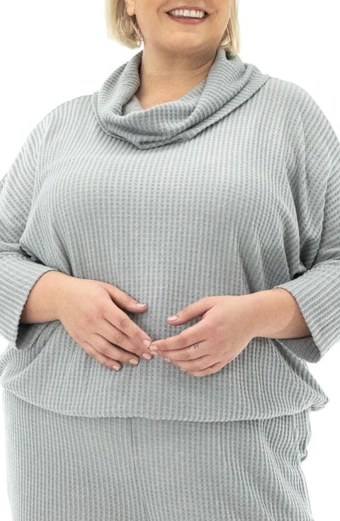 Waffle Knit Cowl Neck Top (Plus)