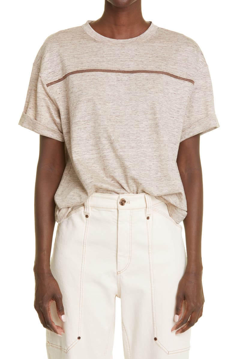 Brunello Cucinelli Monili Stripe Linen Blend T-Shirt, Main, color, C024 Brown
