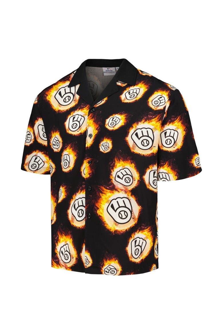 Men's PLEASURES  Black Milwaukee Brewers Flame Fireball Button-Up Shirt, Alternate, color, Black