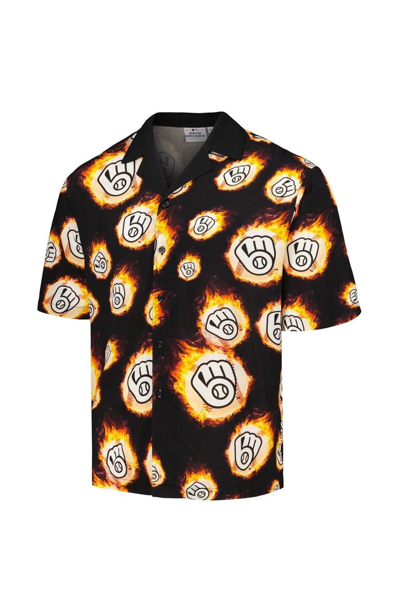 PLEASURES Men's PLEASURES Black Milwaukee Brewers Flame Fireball Button-Up Shirt, Alternate, color, Black