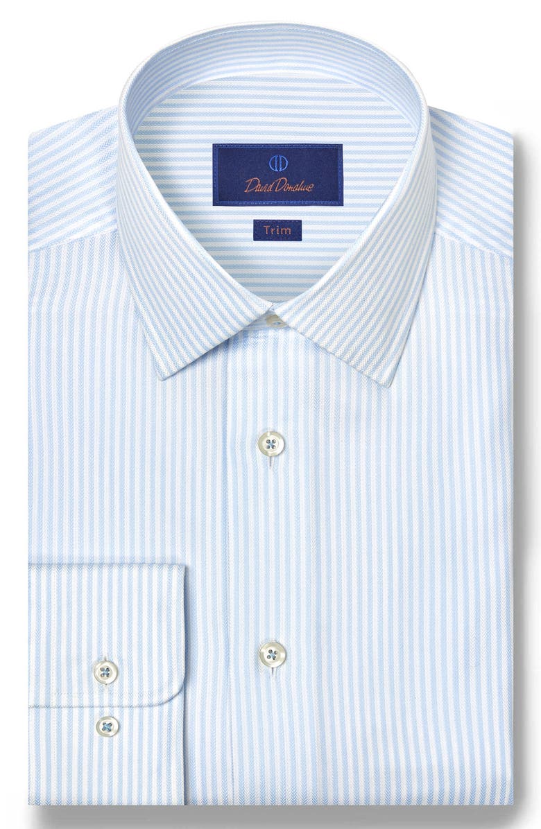 David Donahue Trim Fit Stripe Cotton & Silk Herringbone Dress Shirt, Main, color, White/ Sky