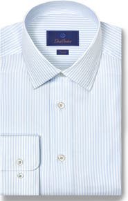 David Donahue Trim Fit Stripe Cotton & Silk Herringbone Dress Shirt