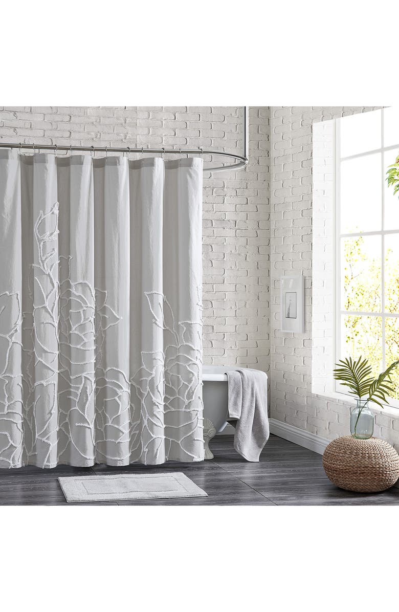 Peri Home Chenille Rose Shower Curtain, Main, color, Grey