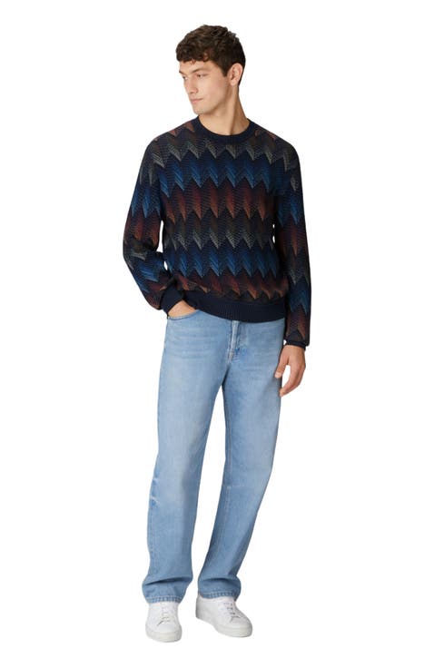 Crewneck Sweater In Gradient Cotton Chevron Blend With Contrasting Piping