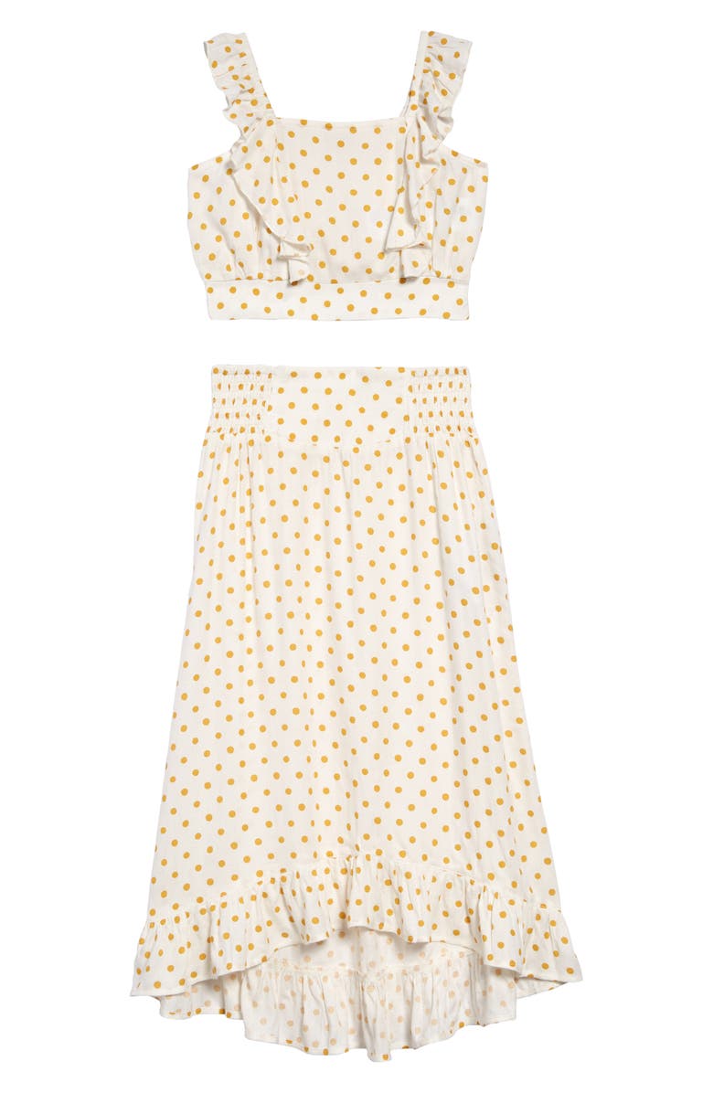 Billabong Paired Up Polka Dot Crop Top & Midi Skirt Set, Main, color, 