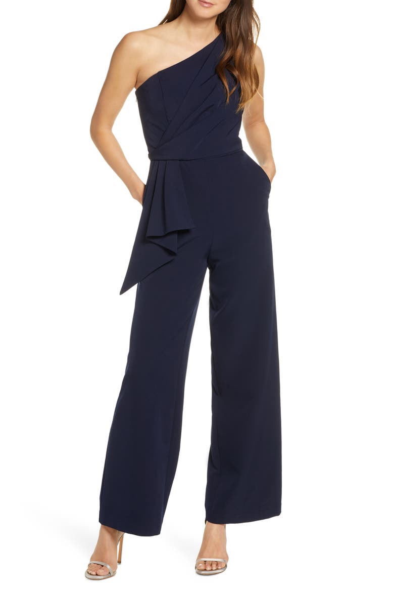 One-Shoulder Laguna Crepe Jumpsuit, Main, color, NAVY