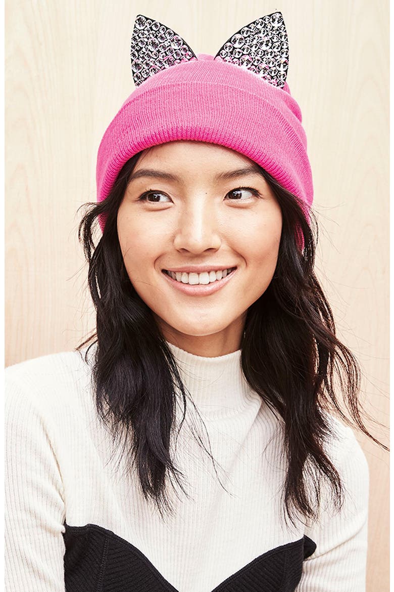 Jeweled Cat Ear Beanie, Alternate, color, HOT PINK
