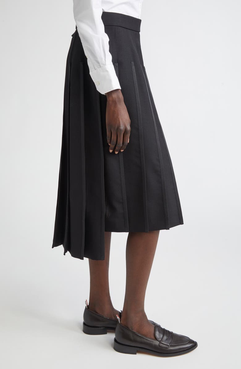 Thom Browne Classic Tipping Pleated Wool Skirt, Alternate, color, Black