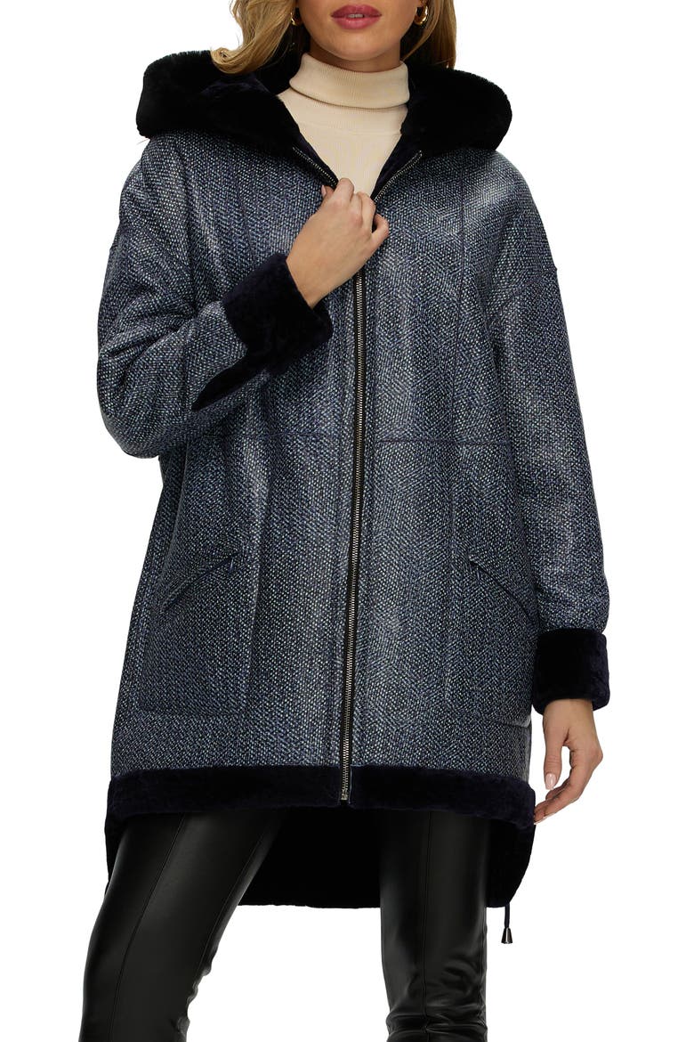Genuine Shearling Hooded Long Coat, Reversible, Alternate, color, NAVY/BLUE