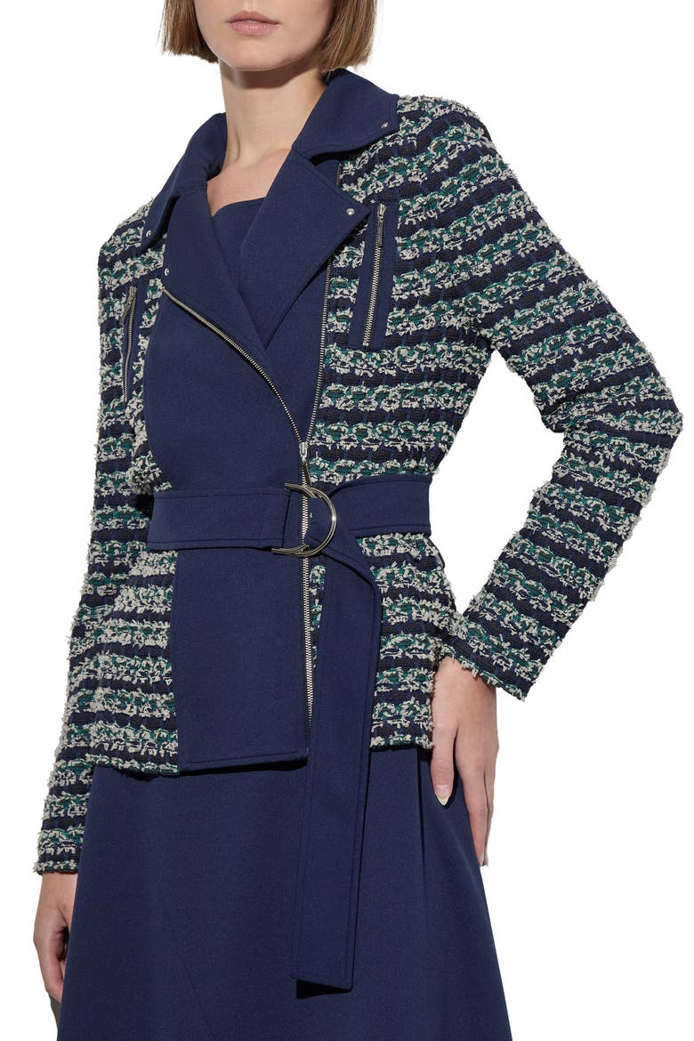 Belted Mixed Media Moto Jacket, Main, color, REGATTA/ MULTI